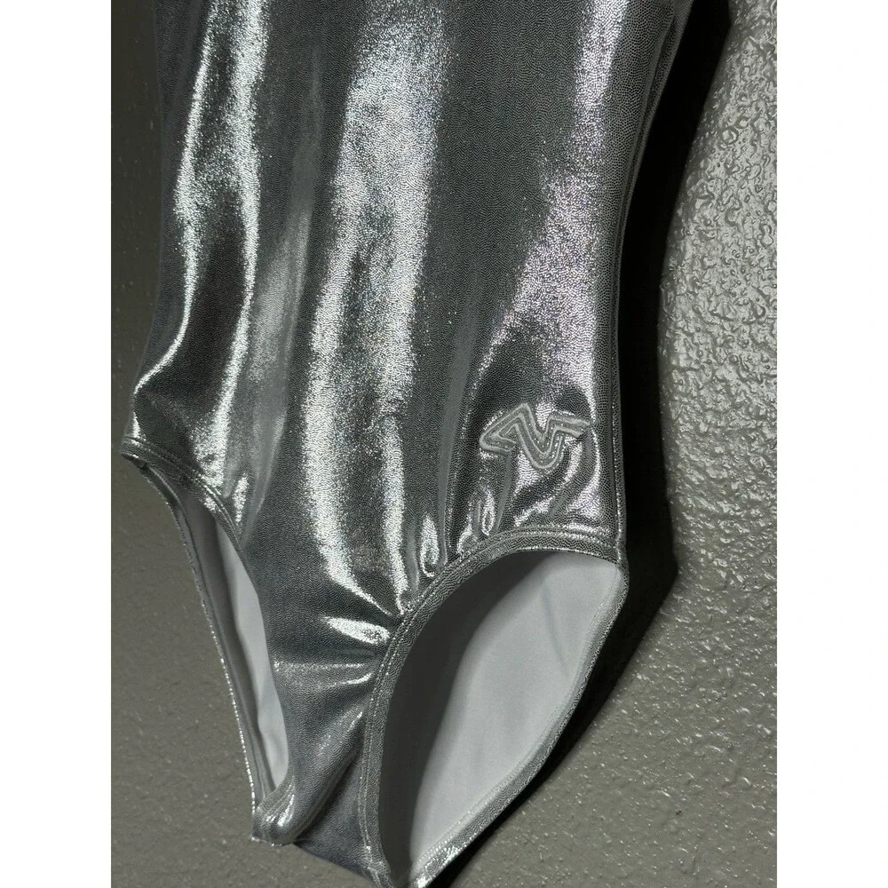 Alpha Factor Youth Medium Silver Foil Leotard New Gymnastics Dance